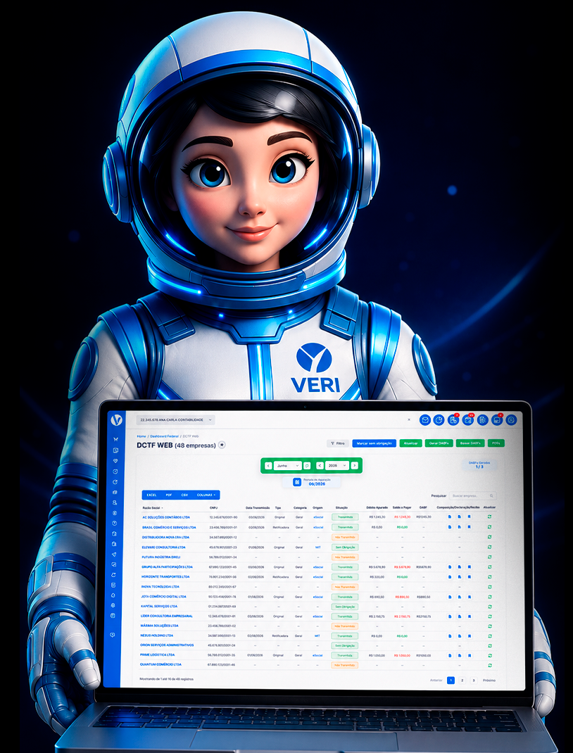 Mascote VERI mostrando o painel de monitoramento de obrigacoes fiscais